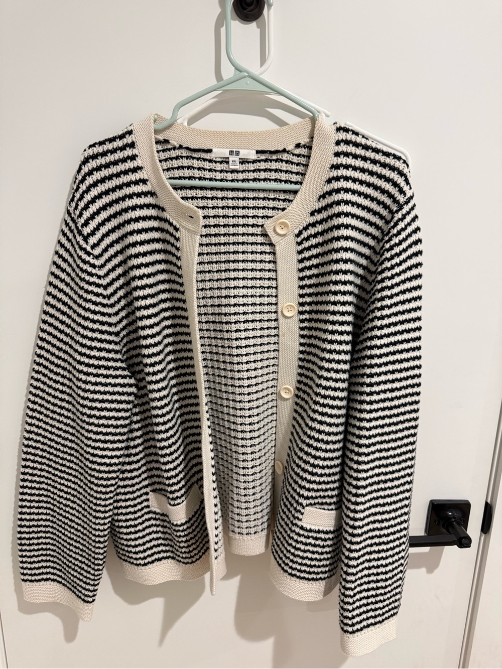 Uniqlo Black and Cream Striped Knit Cardigan